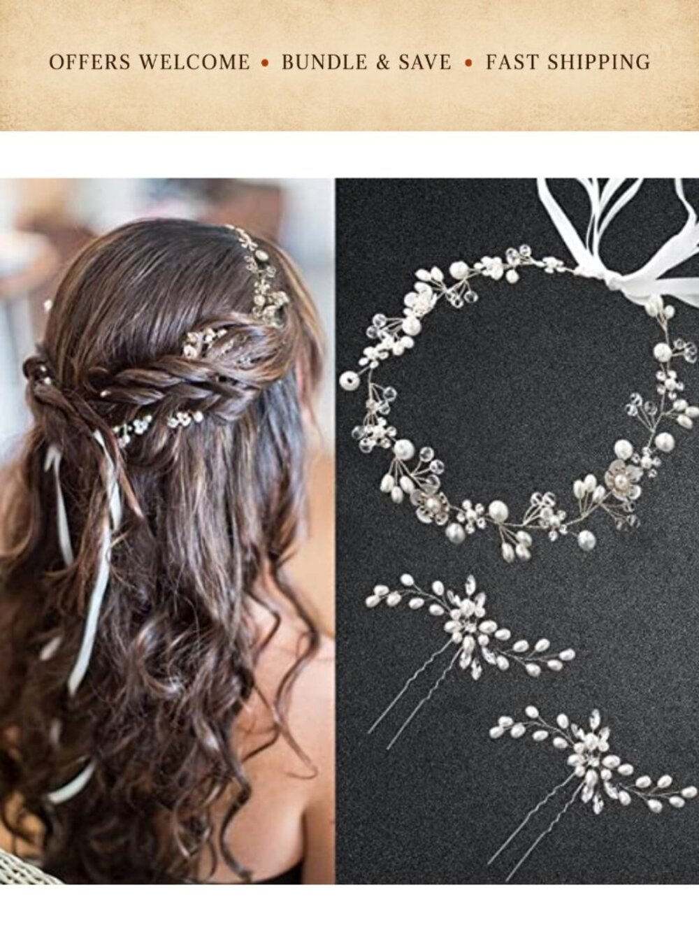 Bridal Hair Accessories Set Tiara Flower Pearl Rhinestone Headband Pins